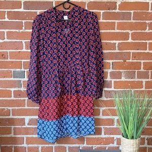 Gap Dress Long Sleeve Ruched Waist Tie Neck Red & Blue Multi Color Size 6